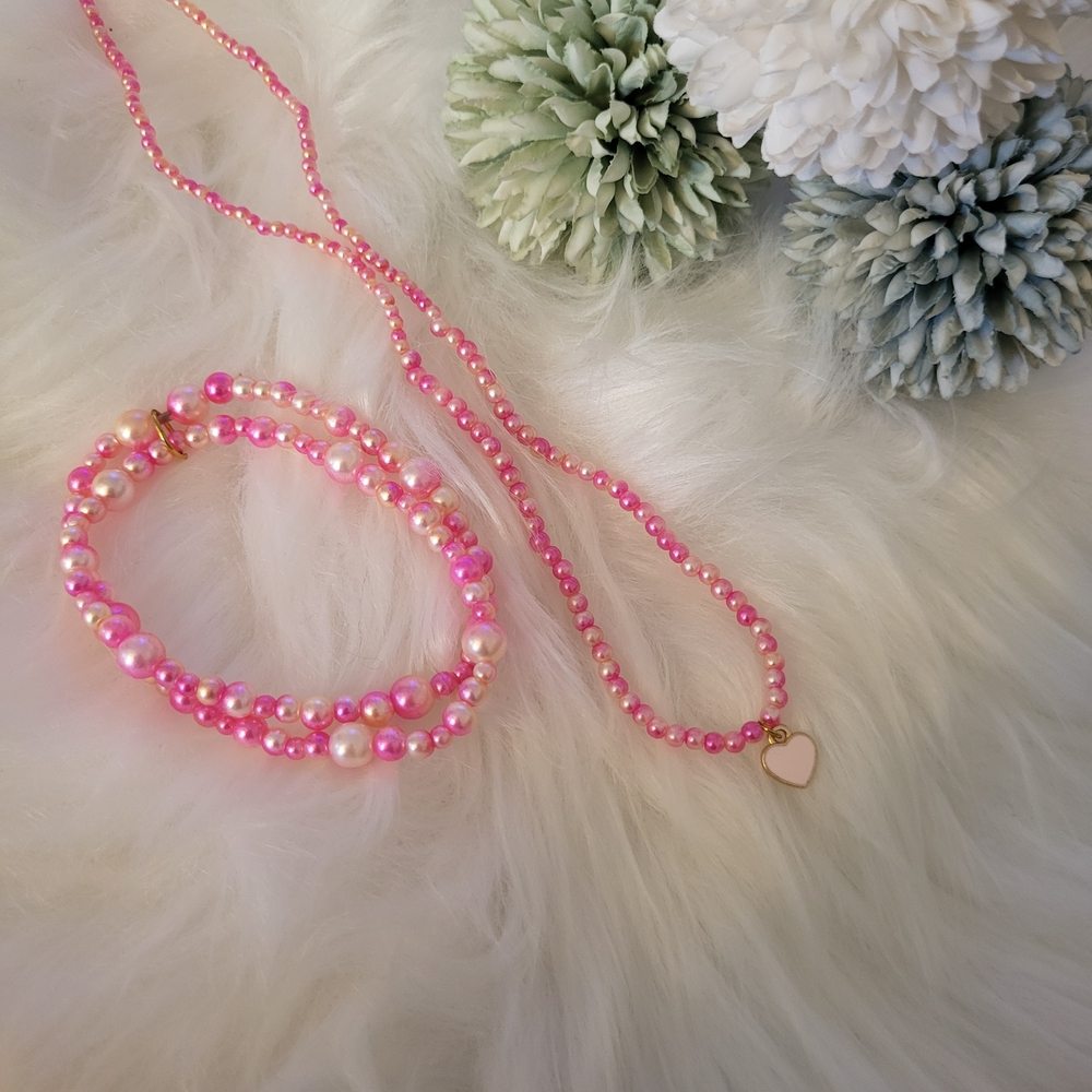 NWT Pink Pearl Heart Necklace & Stretchy Bracelet Jewelry Set Sz